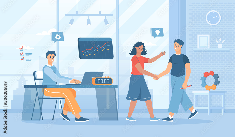 Business people work in a team. Colleagues research, analyze, develop, create new ideas. Flat cartoon vector illustration with people characters for banner, website design or landing web page