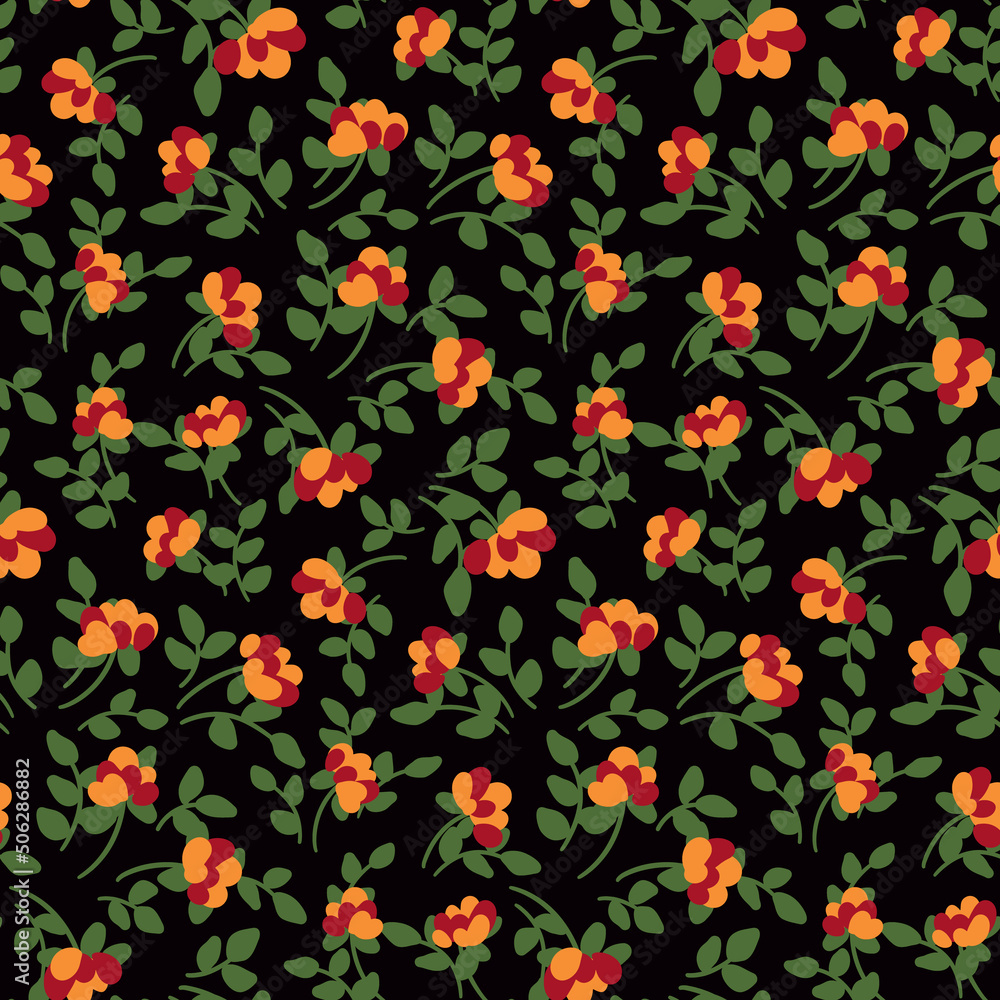 Floral retro print with small hand drawn plants. Seamless pattern, pretty botanical background with tiny yellow flowers on twigs, leaves on a dark field. Vector illustration.