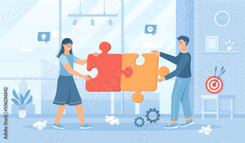 Partnership Teamwork Brainstorming Meeting concept. Business team connecting pieces of puzzles. Flat cartoon vector illustration with people characters for banner, website design or landing web page