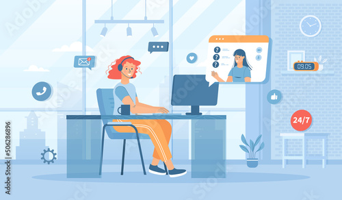 Customer service. Operator in headphones consult clients, answers the questions and solve problems. Flat cartoon vector illustration with people characters for banner, website design or landing page.