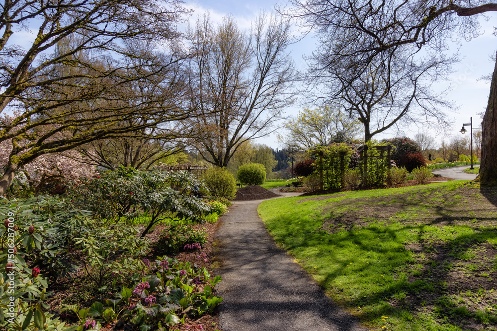 Path in a green vibrant garden with colorful flowers in a modern city park. Deer Lake, Burnaby, Vancouver, British Columbia, Canada.