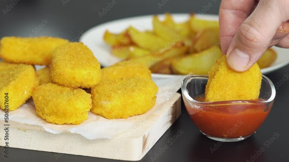 Man dipping tasty chicken nuggets in chili sauce close-up.