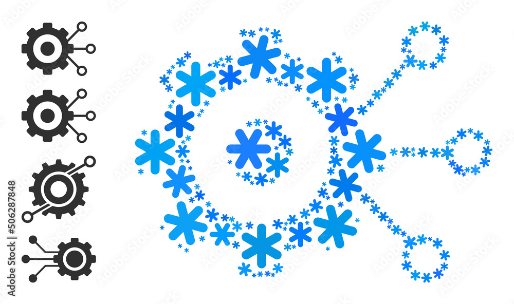 Mosaic gear connections icon is organized for winter, New Year, Christmas. Gear connections icon mosaic is created of light blue snow items. Some similar icons are added.