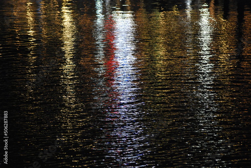 Multicolored light reflection off water at night