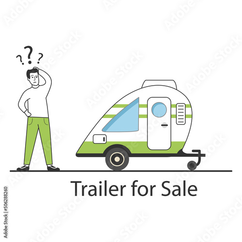 Camper van caravan RV. A man chooses a trailer for travel.Isolated on white background.Vector flat illustration. Cartoon character.