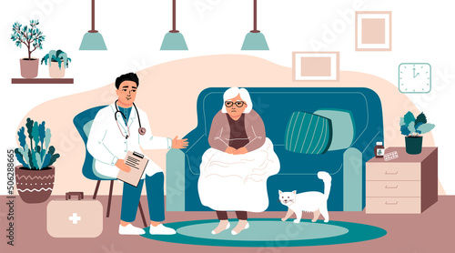 Doctor man Visiting an elderly woman at home.  Consultation of specialist in the house. Diagnosis of the disease. Vector illustration