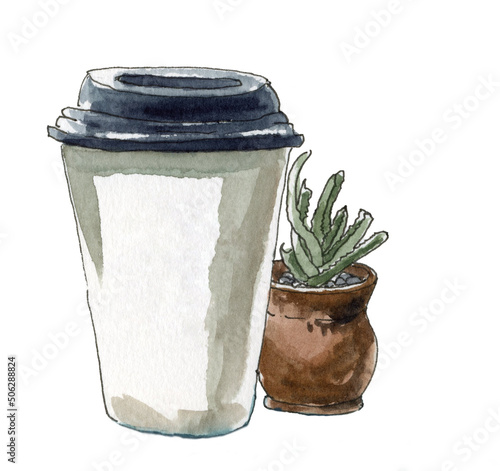 Cup of coffee with small flower in pot 
