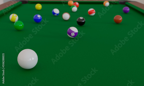 3d illustration, billiard game pieces on table, 3d rendering
