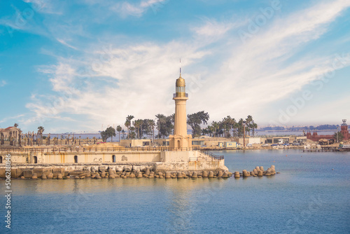 View of the Montaza Lighthouse of Alexandria in Alexandria, Egypt photo