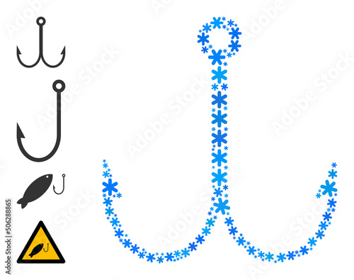 Mosaic double fish hook icon is constructed for winter, New Year, Christmas. Double fish hook icon mosaic is shaped of light blue snowflakes. Some bonus icons are added.