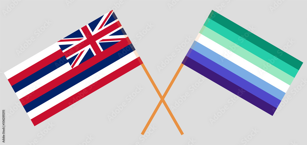Crossed flags of The State Of Hawaii and gay men pride. Official colors. Correct proportion Crossed flags of The State Of Hawaii and gay men pride. Official colors. Correct proportion