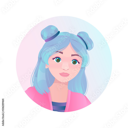 Icons with faces of cute girls. Colorful hair. Cheerful girls with colored hair. Vector illustration isolated on white background.