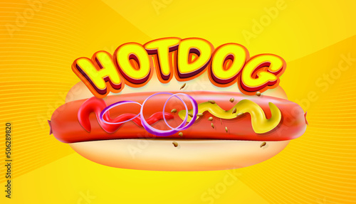 Delicious hot dog logo sausage with ketchup, mustard and onion. Vector graphics