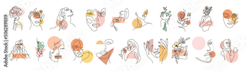 Modern abstract line minimalistic women face arts set with different geometric figure on background postcard or brochure cover design. Different woman faces. One line art. Vector illustrations design