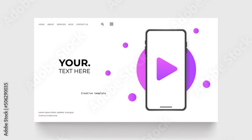 Mobile phone with play button on screen. App presentation landing page. Vector illustration