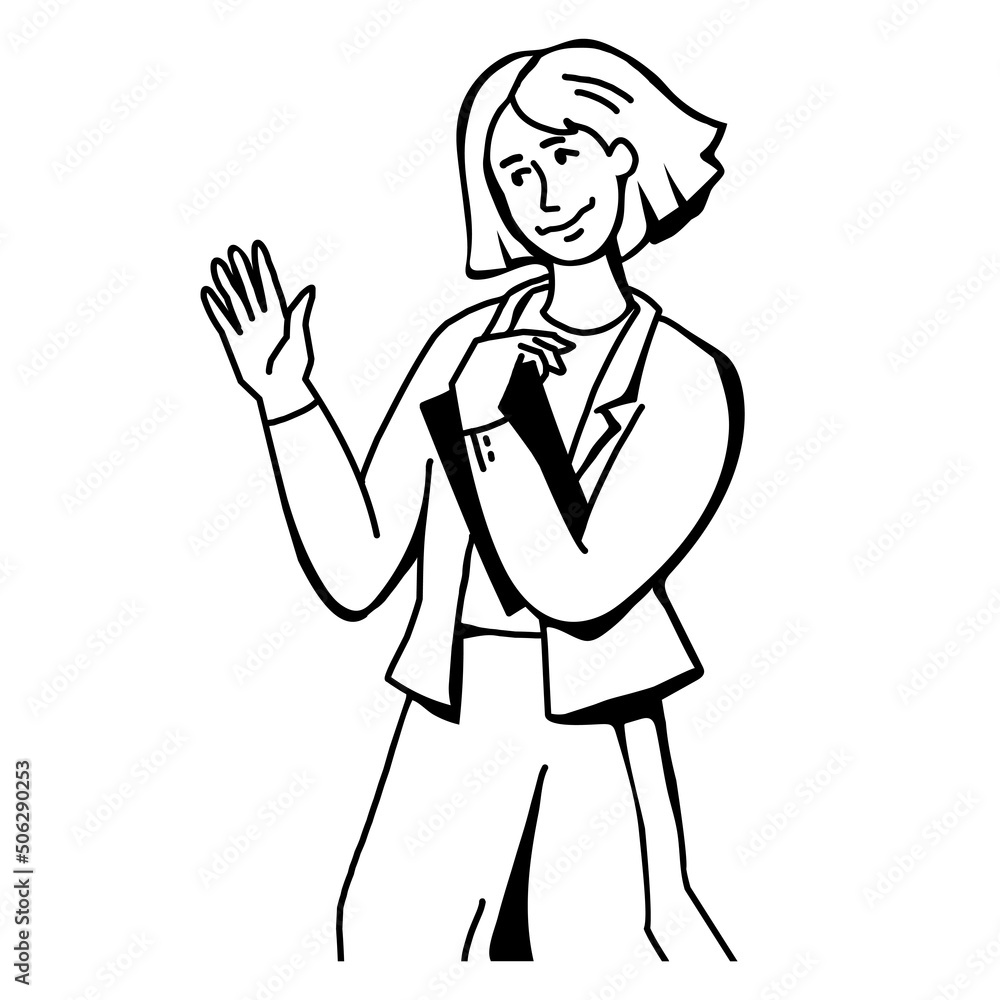 Young woman smiling waving hand in greeting gesture, line art or sketch style vector illustration isolated on white background. Cheerful young business woman or student saying hi. Young woman smiling waving hand in greeting gesture, line art or sketch style vector illustration isolated on white background. Cheerful young business woman or student saying hi.