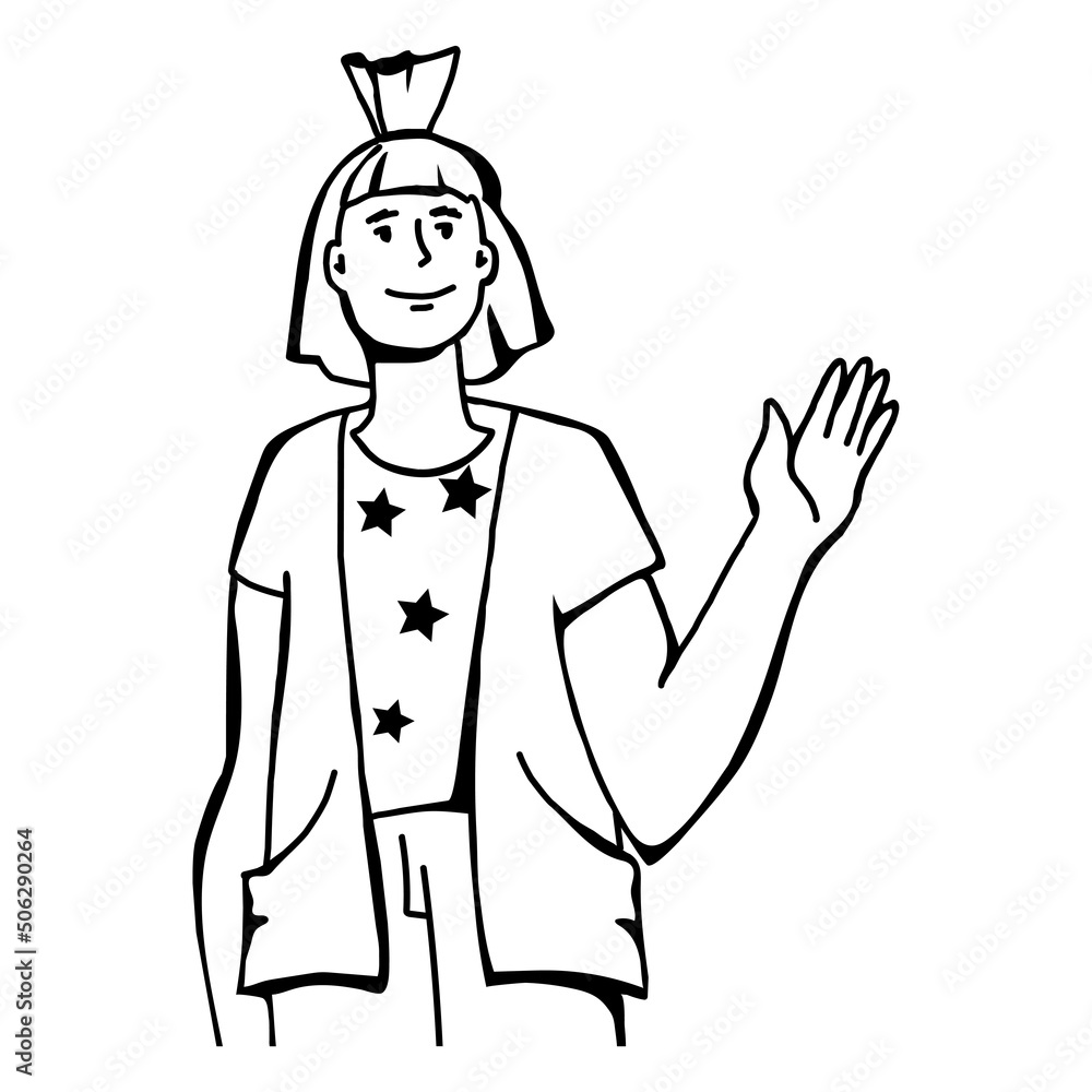 Young happy woman waving hand in greeting gesture, saying hello, line art or sketch style vector illustration isolated on white background. Cheerful young woman or student saying hi. Young happy woman waving hand in greeting gesture, saying hello, line art or sketch style vector illustration isolated on white background. Cheerful young woman or student saying hi.
