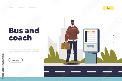 Bus and coach concept of landing page with man buying ticket at self-service ticket machine