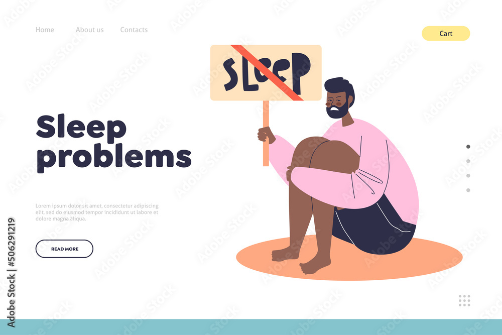 Sleep problems concept of landing page with unhappy sleepless frustrated man suffer from insomnia