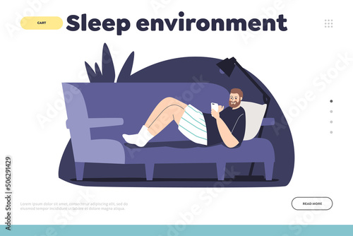 Sleep environment concept of landing page with man on sofa with smartphone scroll social media