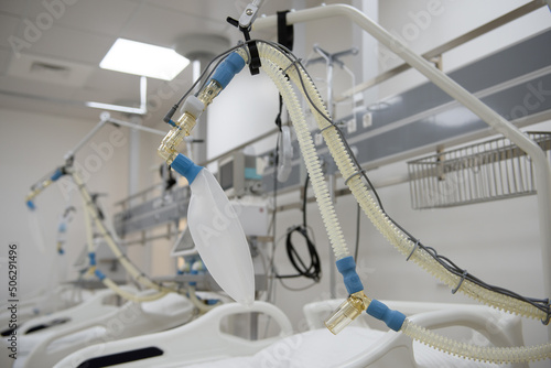 Ventilator in a hospital. Empty intensive care unit in the clinic. Apparatus for artificial lung ventilation. Department of intensive care and emergency care. COVID-19 and coronavirus. Pandemic.