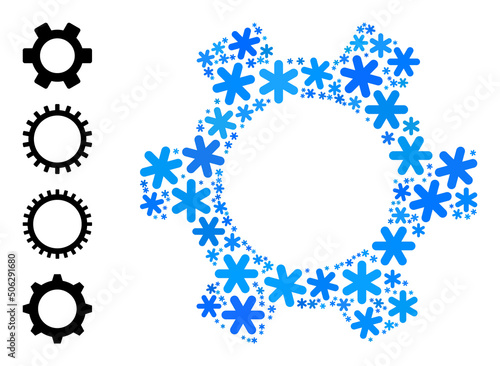 Composition gear pictogram is constructed for winter, New Year, Christmas. Gear icon mosaic is constructed of light blue snow elements. Some bonus icons are added.