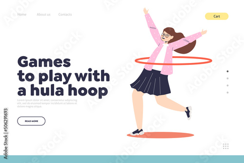 Game to play with hula hoop concept of landing page with joyful girl enjoy hulahoop activity