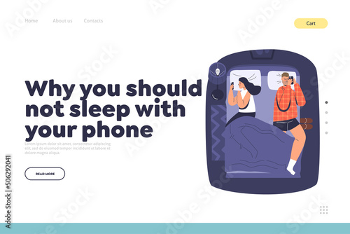 Don't sleep with phone concept of landing page with young couple lying in bed with smartphones