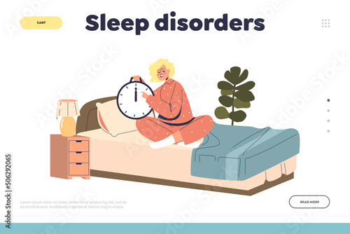 Sleep disorder concept of landing page with young sleepless girl on bed suffering from insomnia