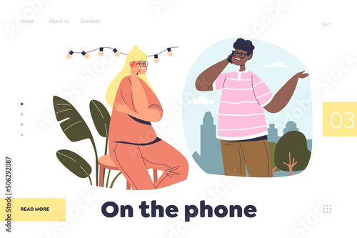 On the phone concept of landing page with young couple have cellphone call