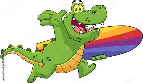 Happy Alligator Or Crocodile Cartoon Character Running With A Surfboard Vector Hand Drawn Illustration Isolated On White Background