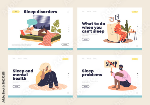 People suffer from insomnia and sleep disorder concept of landing pages set with sleepless cartoons © Iryna Petrenko
