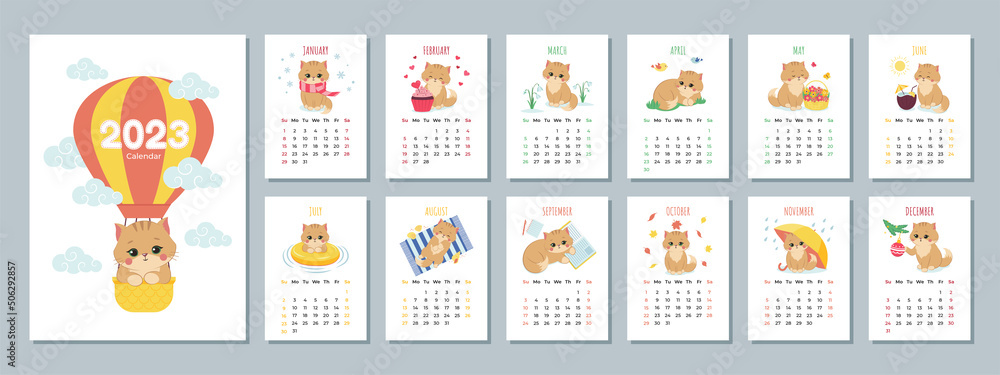 Calendar 2023 template with cute cat. Set of 12 Months calendars. Week Starts on Sunday