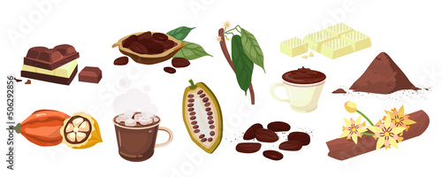 Chocolate and cocoa. Set of chocolate bar sweets, praline candies, cocoa beans powder and hot drinks