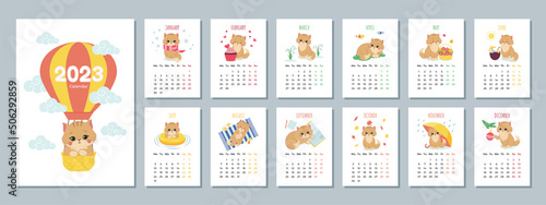 Calendar 2023 template with cute cat. Set of 12 Months calendars. Week Starts on Monday