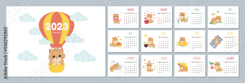 Calendar 2023 template with cute cat. Set of 12 Months calendars. Week Starts on Sunday