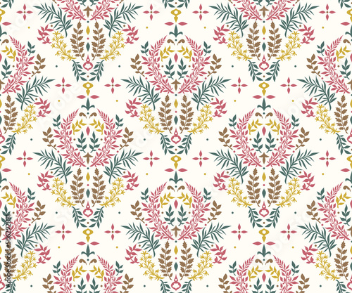 Seamless floral pattern with leaves. Damask style. Textured background for your design projects, textile, wrapping, wallpaper, web