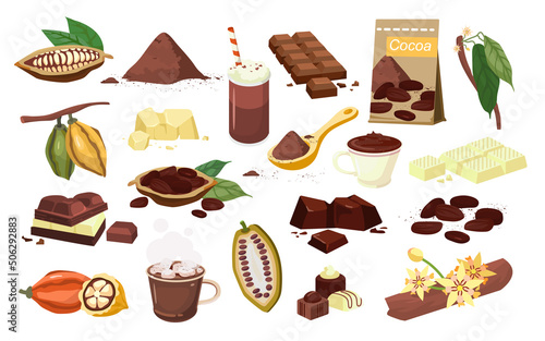 Chocolate set with cocoa beans and powder, hot chocolate drinks, candy and sweets, bars of chocolate