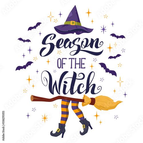 Halloween party poster with witchcraft and witch hat. Halloween poster or invitation card with witch broom and hat vector illustration. Spooky party card