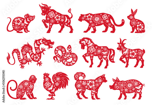 Chinese horoscope lunar New Year oriental animals silhouettes. Zodiac astrological calendar tiger, rabbit, bull and snake signs vector symbols illustrations set. Traditional horoscope icons collection