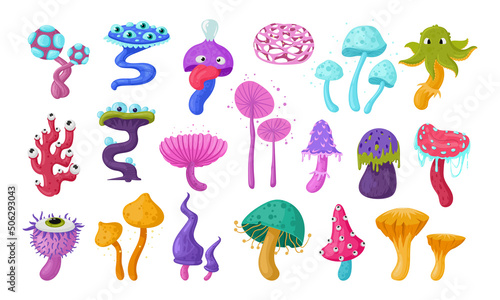 Magic alien psychedelic mushrooms, hallucinogenic forest plants. Cartoon hallucinogenic fairytale forest alien mushrooms with faces vector symbols illustrations set. Psychedelic mushrooms collection