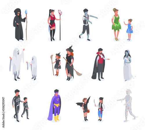 Isometric halloween party ghost, mummy and wizard carnival costumes. Masquerade halloween party characters, vector symbols illustration set. Spooky halloween party collection