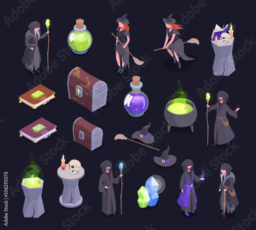 Isometric magic wizard and witch characters, witchcraft magician and cauldron. Witch and wizard, spell book, skull and magic chest vector symbols illustration set. Witchcraft 3d collection