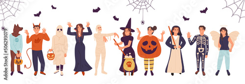 Halloween party people wearing masquerade costumes, ghost, mummy and witch characters. Autumn spooky holiday event costumes vector symbols illustration set. Cartoon masquerade characters