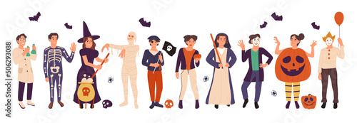 Halloween holiday party, people in carnival costumes, autumn holiday event. Spooky witch, mummy and clown characters vector symbols illustration set. Creepy Halloween party outfits