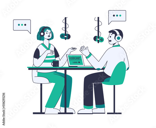 Podcast radio host, interview talk show recording. Outline audio podcast characters flat vector symbols illustration. Online interview conversation recording
