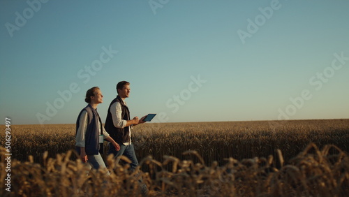 Obraz na płótnie Two farmers inspecting wheat harvest in golden sunlight