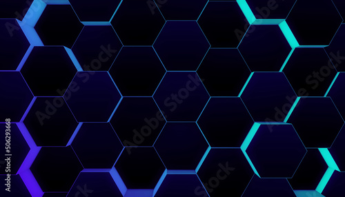 Fototapeta Naklejka Na Ścianę i Meble -  Wall of Random shifted neon honeycomb hexagon background metaverse, big data concept.