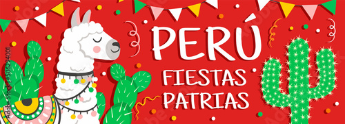 Cartoon fiestas patrias Peru banner. July 28 celebration