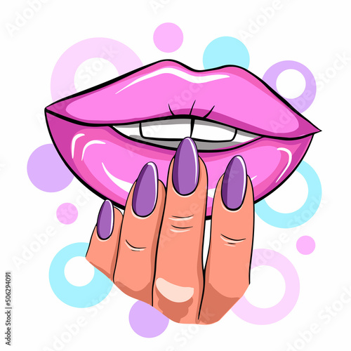 Nails and manicure concept vector illustration. nail polish in female hand and lips